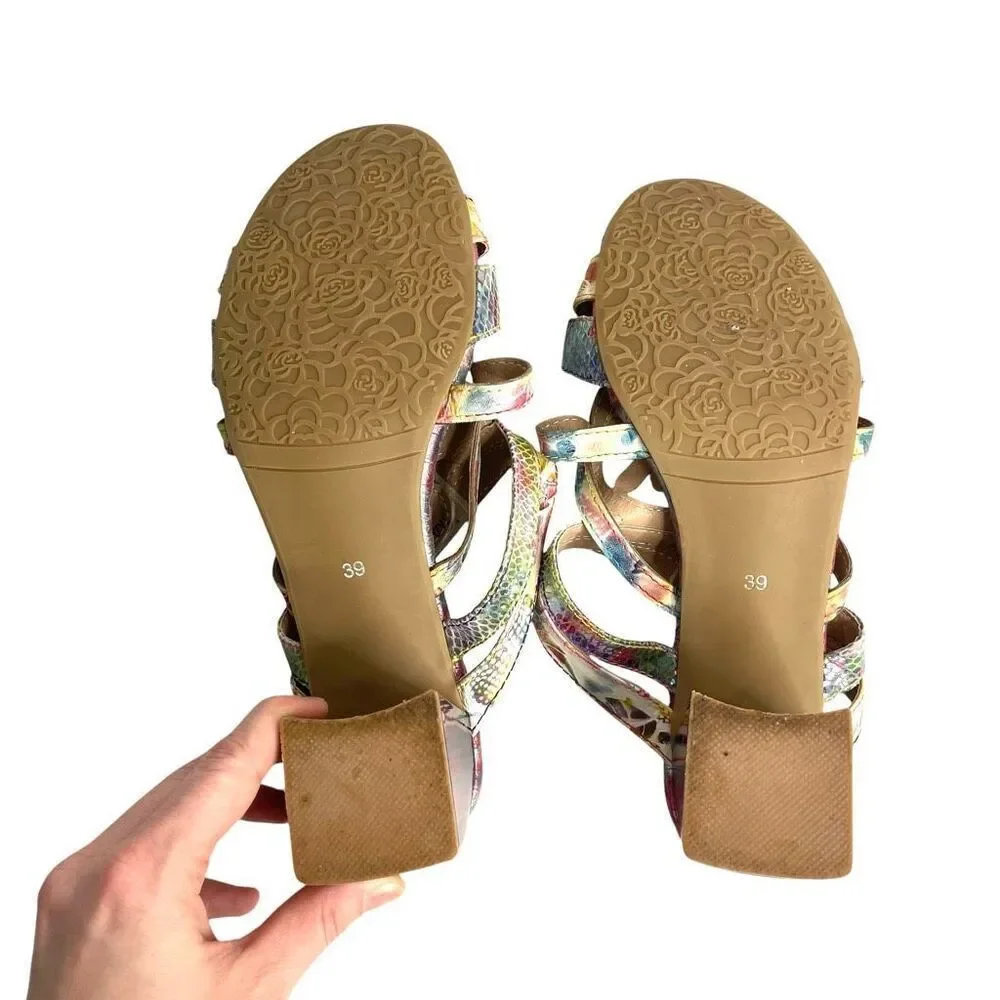 L’Artiste floral block‎ heel slide sandals heels Size 39 turquoise boho artsy